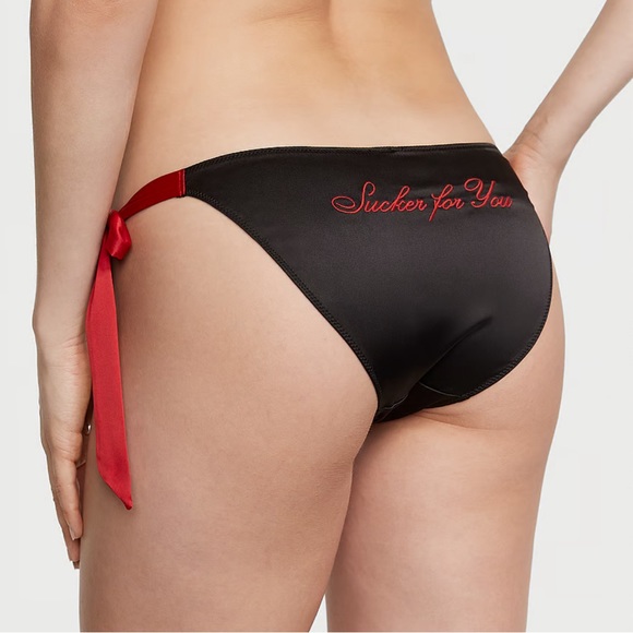 NEW Victoria’s Secrets XL Satin Black & Red VERY SEXY Cheeky Panty - Picture 2 of 7